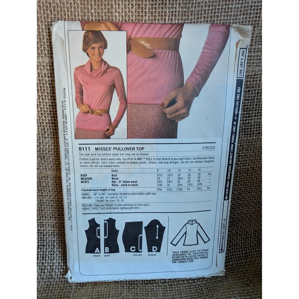 Vintage 1977 Simplicity 8111 ESP Sewing Pattern Cowl Neck Knit Top Size 10-14